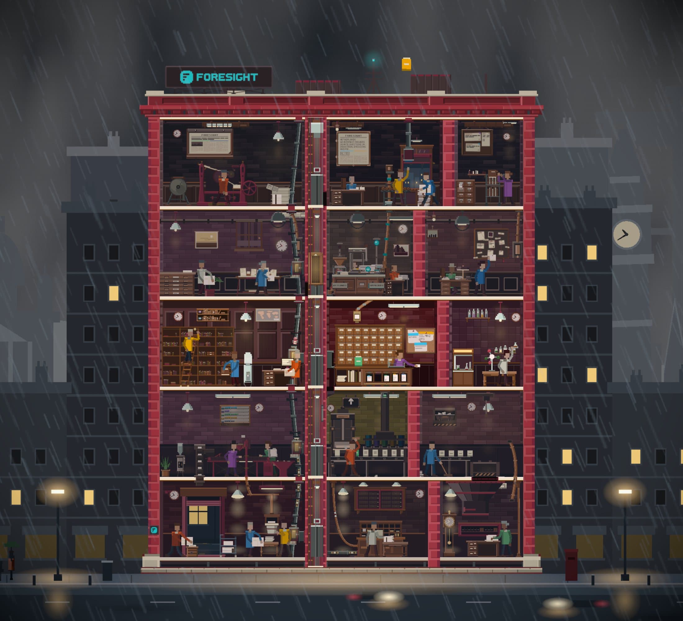The Tower at night in the rain: a red-brick building cut open to show five floors of rooms with people and machines at work, a Foresight sign on the roof, and Belfast’s streets and lamps around it.