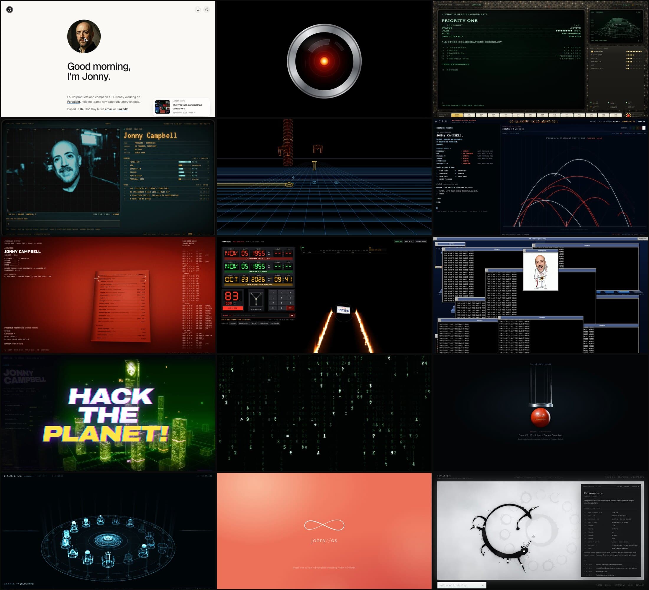 Fifteen screens from the site in a grid: the homepage, then the fourteen JONNY//OS machines in order, from HAL’s red eye, Mother’s project list and the Esper photo to the Matrix rain, the Precrime ball, the OS1 logo and an Arrival logogram being translated.