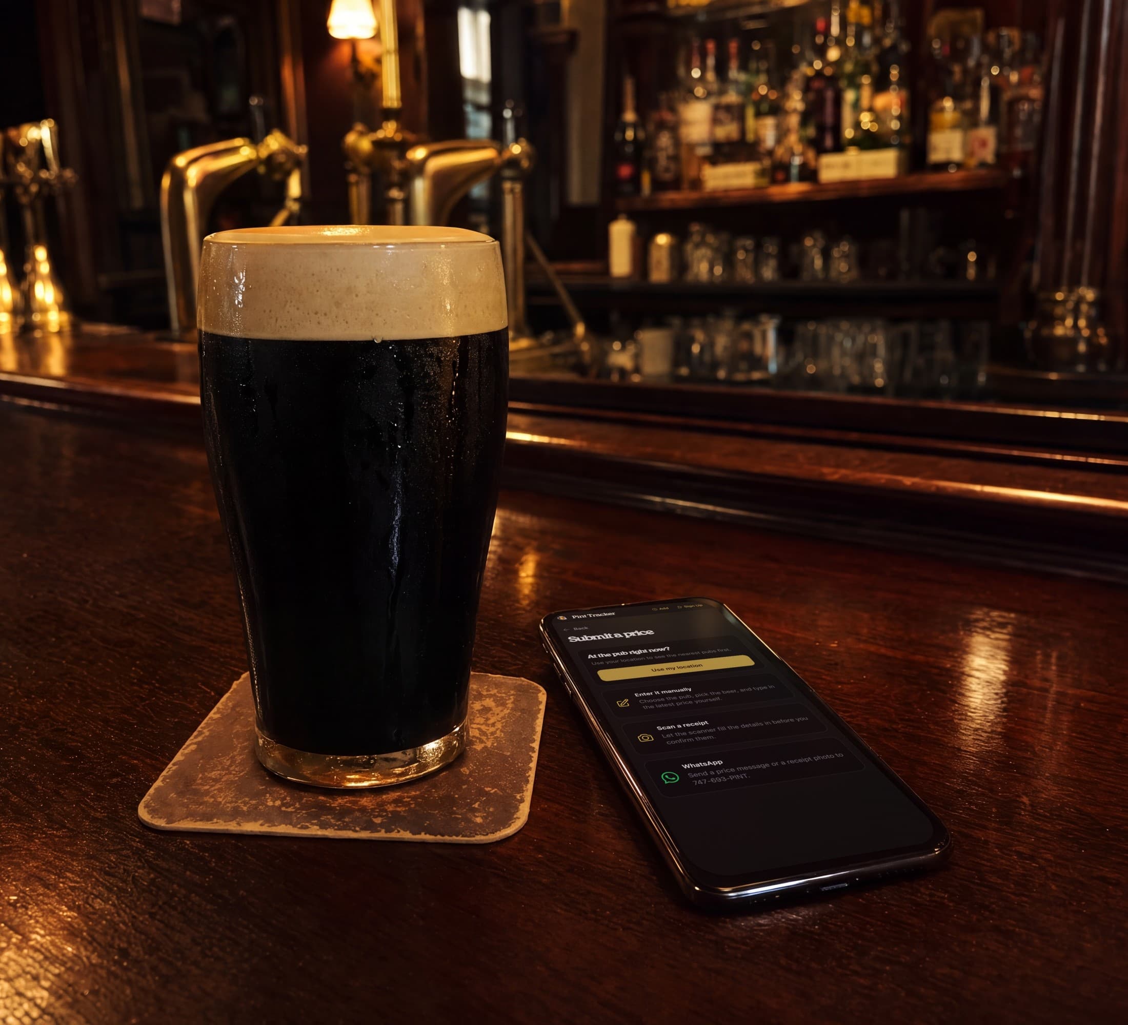 An AI-generated image: a pint of Guinness on a dark mahogany bar in a pub at night, with brass taps and bottles glowing behind it, and beside it a phone showing Pint Tracker’s Submit a price page, which asks: At the pub right now?