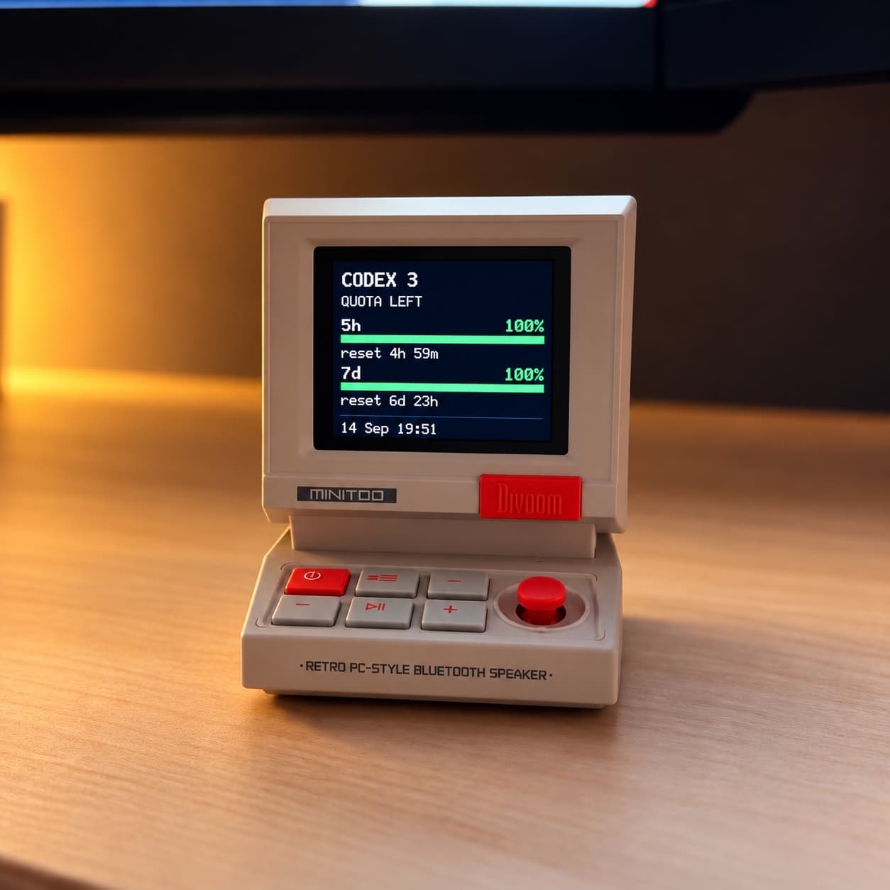 A cream and red Divoom MiniToo on a warmly lit desk, displaying remaining Codex quota and reset times.