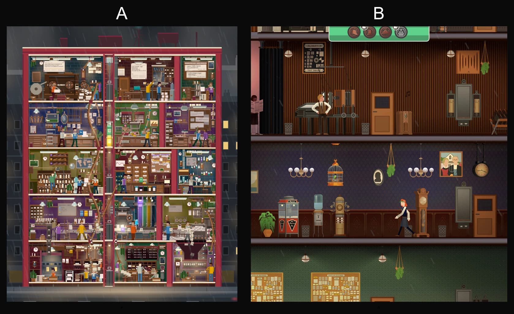 Two images labelled A and B. A is the crowded, multicoloured Tower. B is News Tower: wood-panelled newspaper floors with a birdcage, a grandfather clock and a popcorn machine.