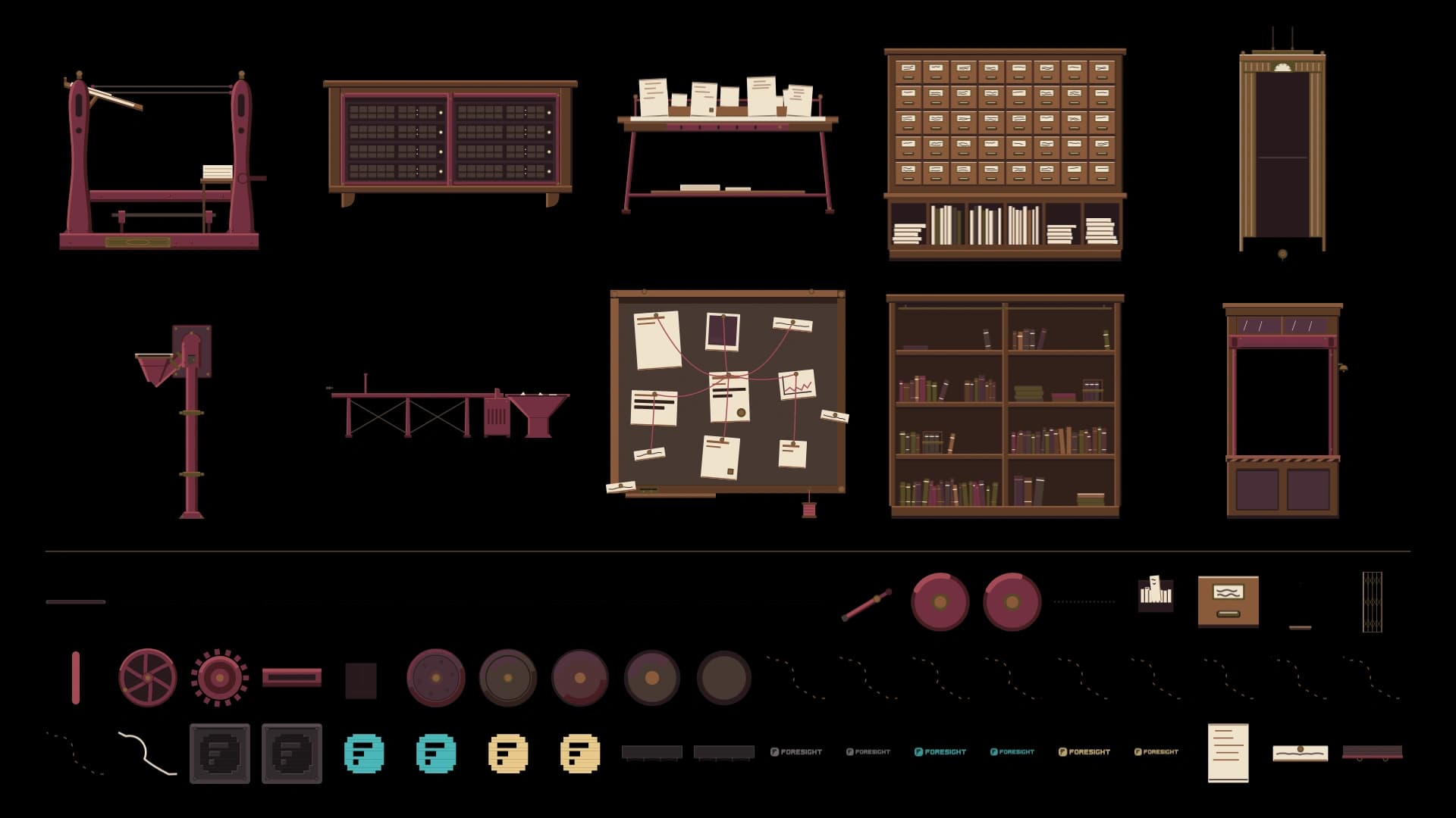 A sheet of drawn objects on black: a red press, a card catalogue, a lift cage, a sorting belt, an evidence wall, bookshelves and more, with their loose parts and Foresight signs below.
