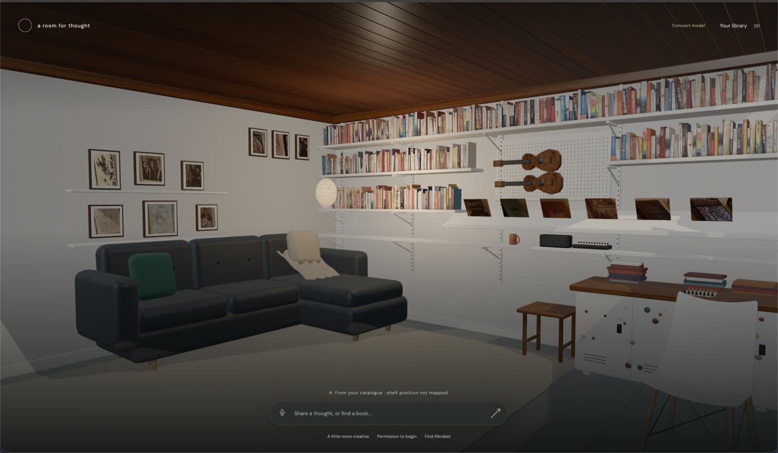 A screenshot of the first browser version: the same room, flatly lit, with a dark reddish wooden ceiling, two ukuleles on the pegboard, the label a room for thought in the corner, and a text box at the bottom for sharing a thought or finding a book.
