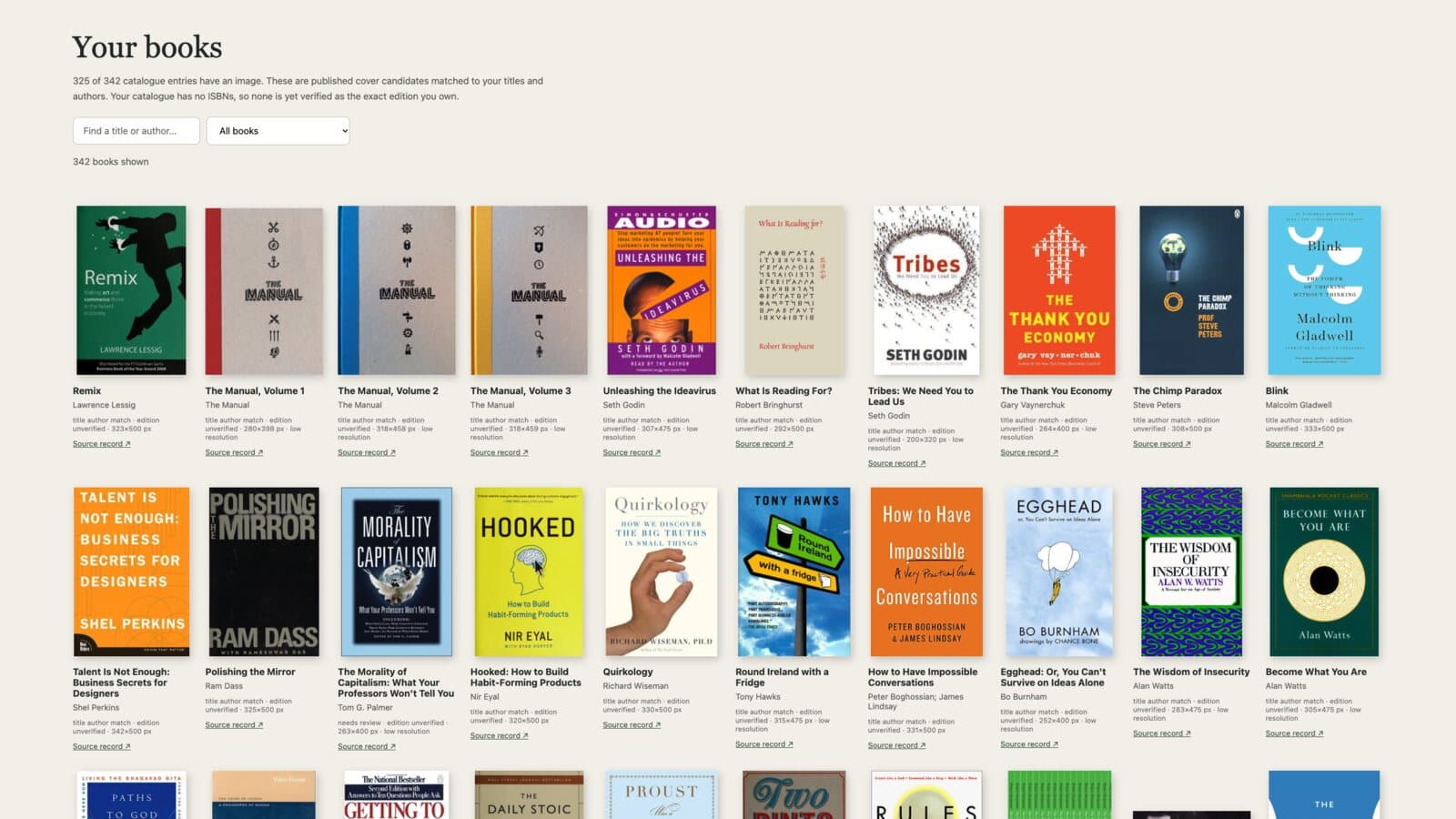 A screenshot of a page called Your books: a grid of book covers including Remix, three volumes of The Manual, Tribes, Blink and Hooked, each marked as a title and author match with the edition unverified.