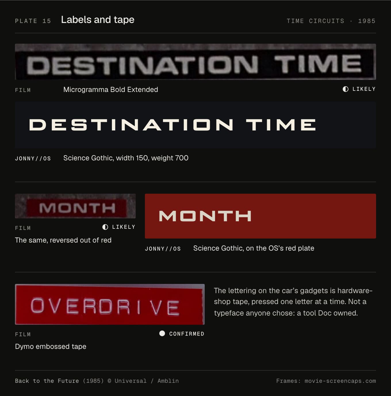 DESTINATION TIME in the film beside Science Gothic at width 150, MONTH reversed out of red, and the Dymo tape on the flux capacitor.