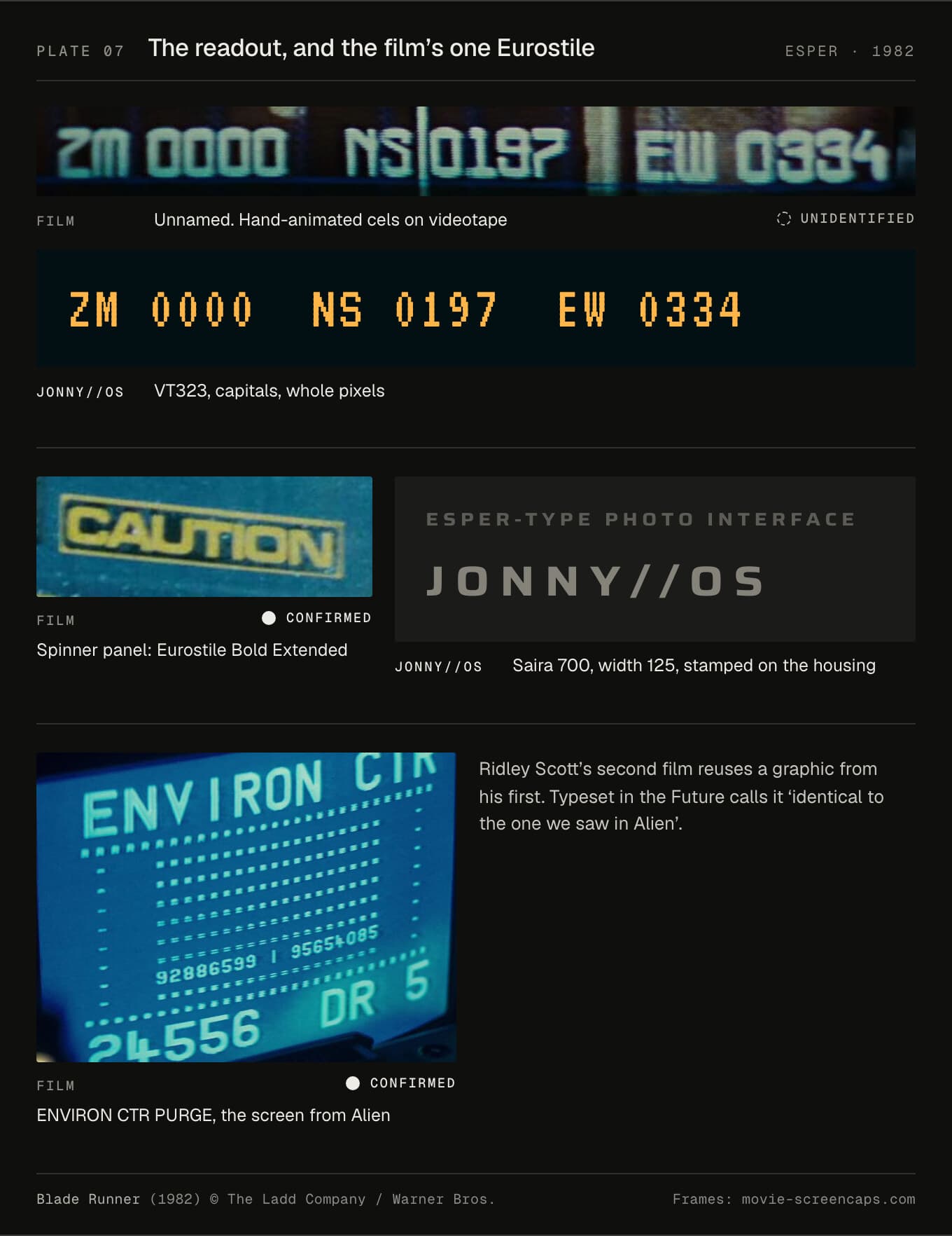 Three crops: the Esper readout against VT323 in amber, the Spinner's CAUTION panel against JONNY//OS in Saira on a grey housing, and the ENVIRON CTR PURGE screen.