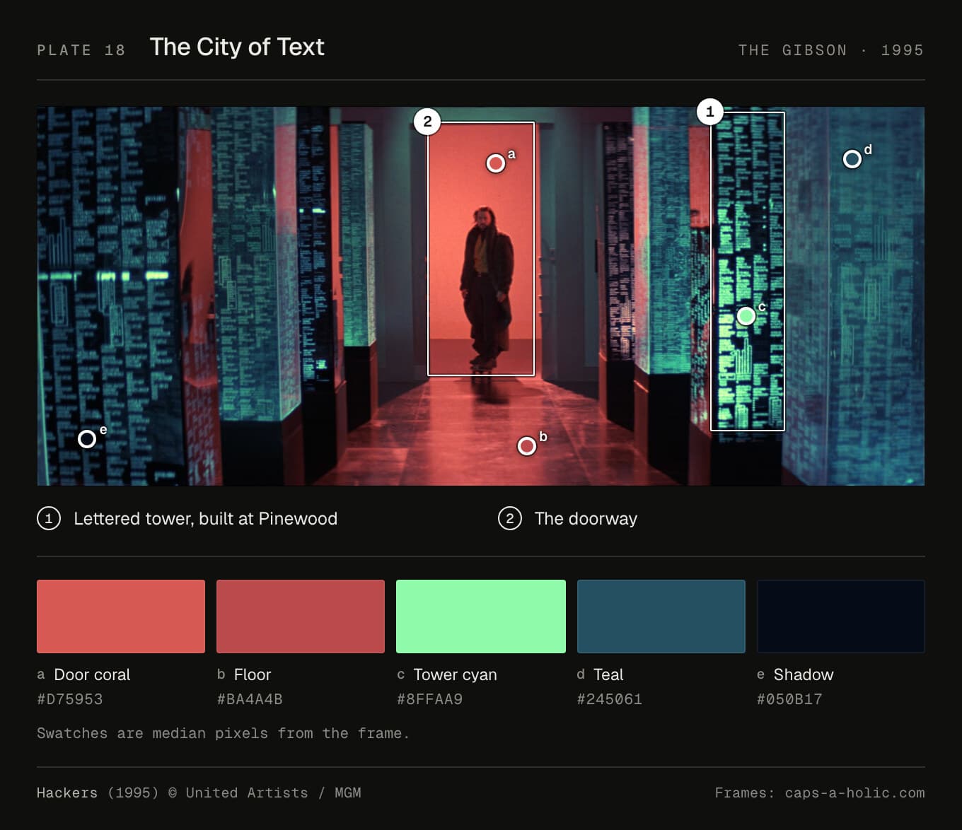 The City of Text: a figure in a doorway between towers lettered in green text, lit coral and red.