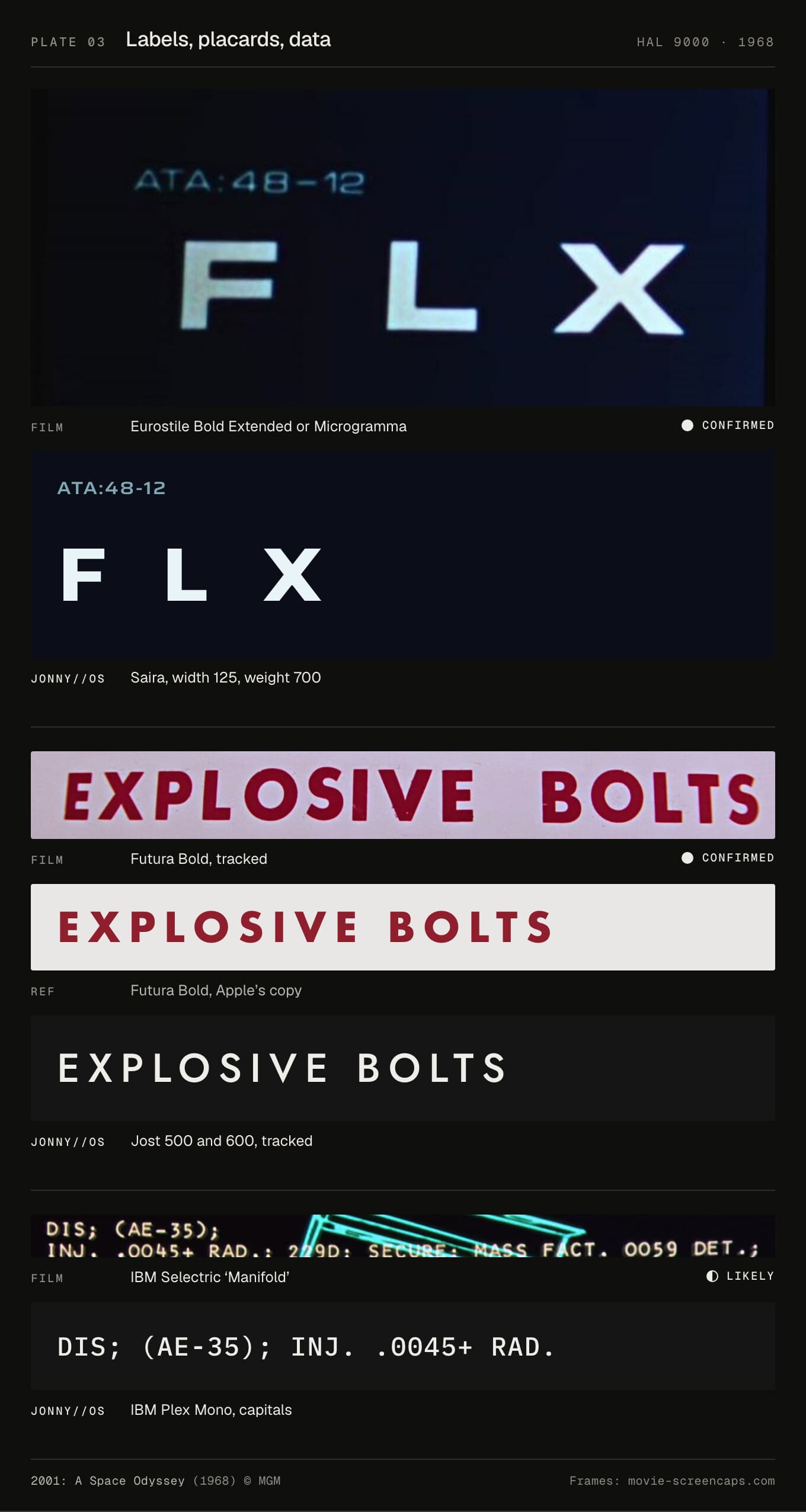 Three crops from the film set against their JONNY//OS faces: FLX in Eurostile against Saira, EXPLOSIVE BOLTS in Futura against Jost, and typewriter telemetry against IBM Plex Mono.