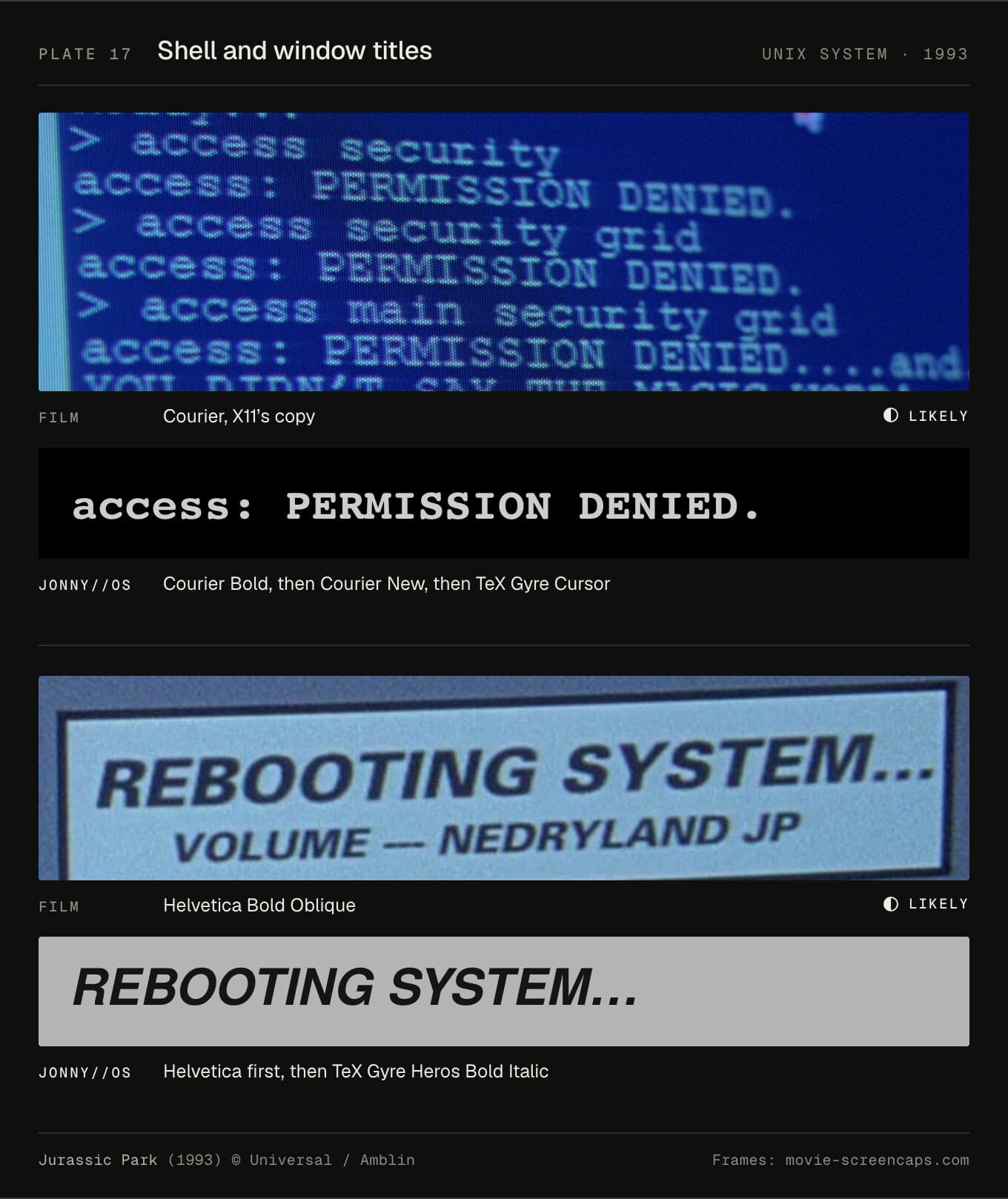 The security terminal's PERMISSION DENIED against Courier, and REBOOTING SYSTEM in Helvetica Bold Oblique against TeX Gyre Heros Bold Italic on Motif grey.