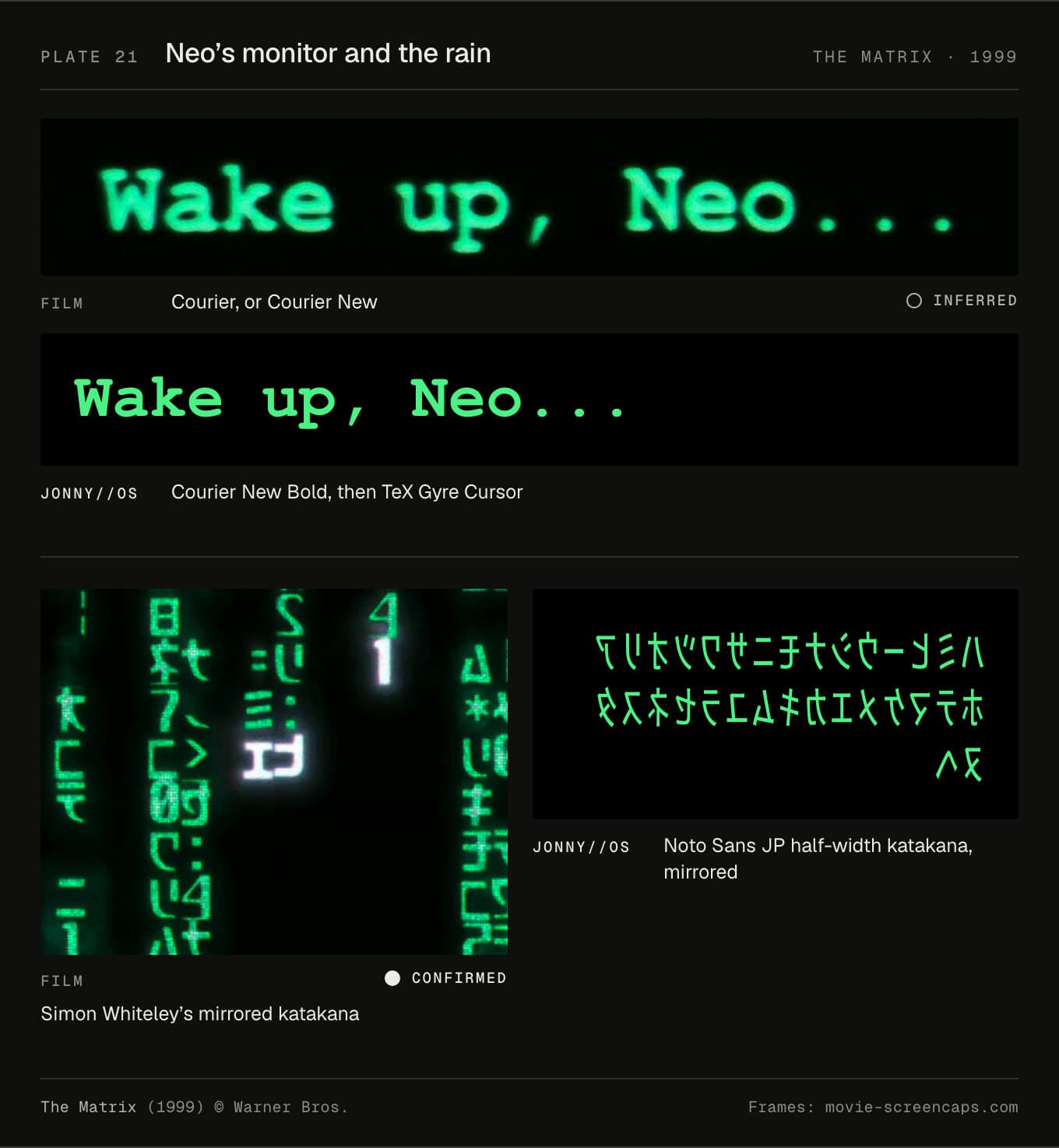 Wake up, Neo in Courier against Courier New, and a strip of the rain against mirrored Noto Sans JP katakana.