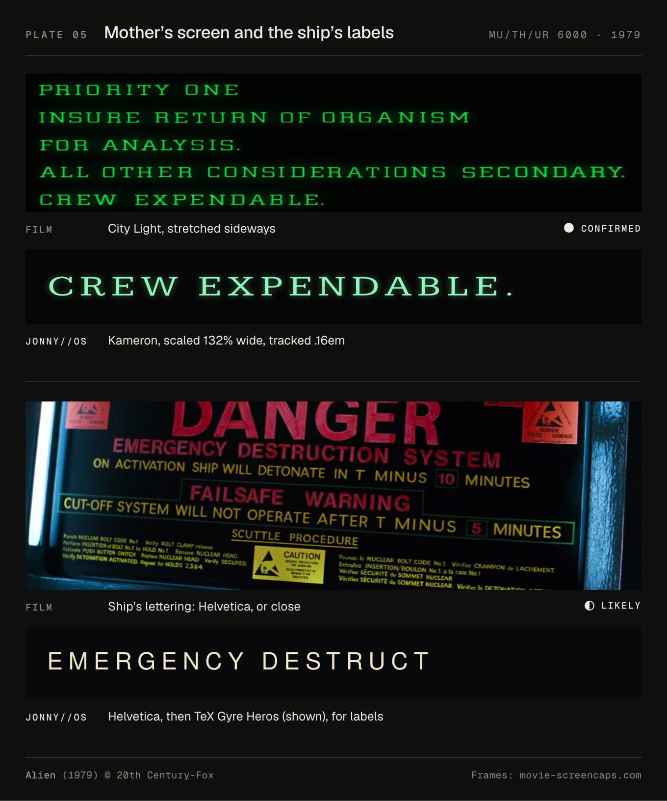 CREW EXPENDABLE from the film beside the same words in Kameron, stretched and tracked, and the ship's red EMERGENCY DESTRUCTION SYSTEM lettering beside TeX Gyre Heros.