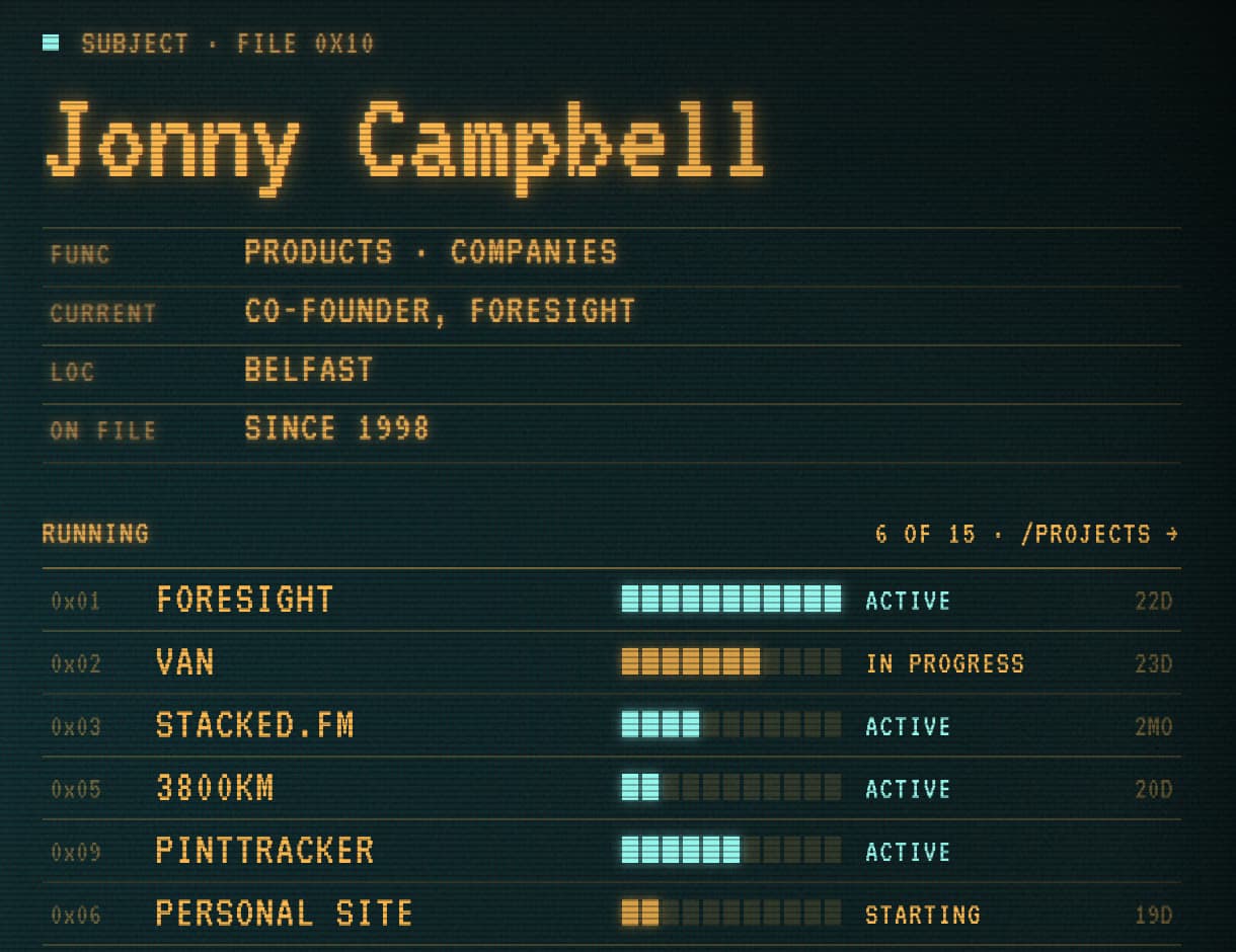The Esper screen in JONNY//OS: Jonny Campbell in large amber VT323, a short profile, and six running projects with segmented progress bars.