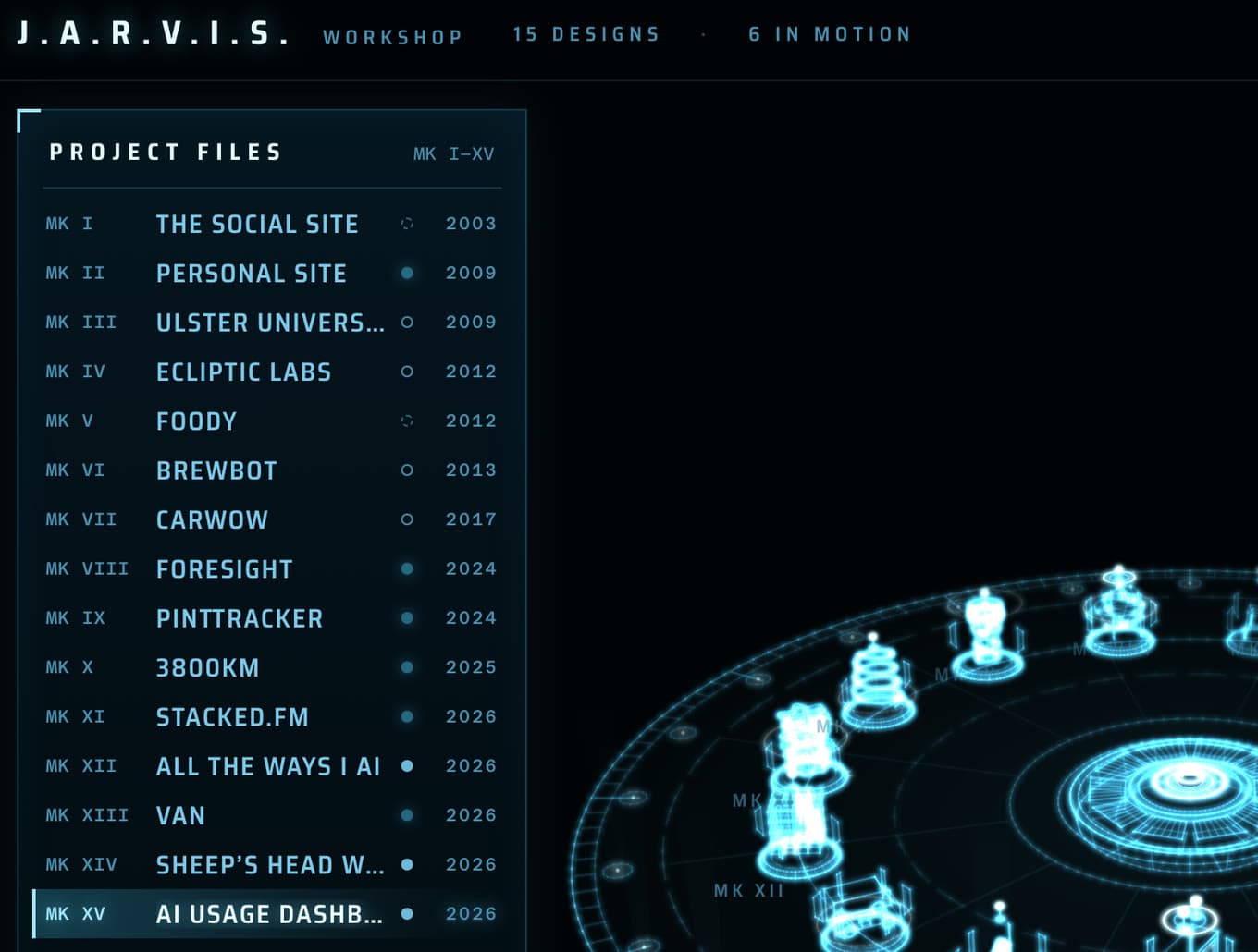 The J.A.R.V.I.S. workshop in JONNY//OS: a PROJECT FILES panel listing MK I to MK XV in cyan Saira capitals with their years, beside the holotable's wireframe designs.