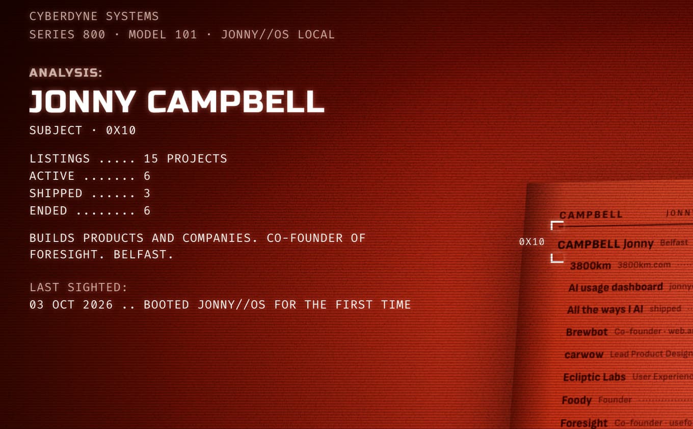 The T-800 view in JONNY//OS, white on red: ANALYSIS and JONNY CAMPBELL in Russo One, a Fira Mono listing of projects, and a phone-book page on the right.
