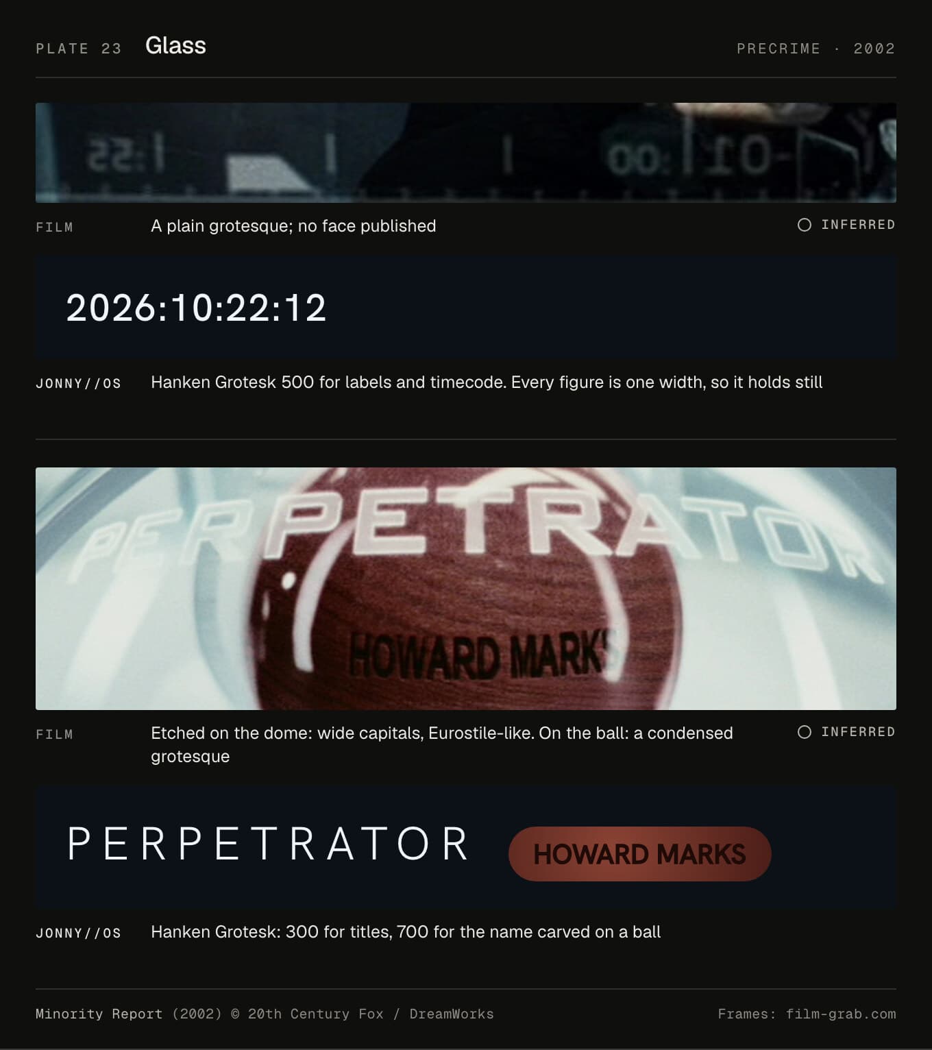 The timecode on glass against Hanken Grotesk 500, and PERPETRATOR with a carved ball against Hanken Grotesk 300 and 700.
