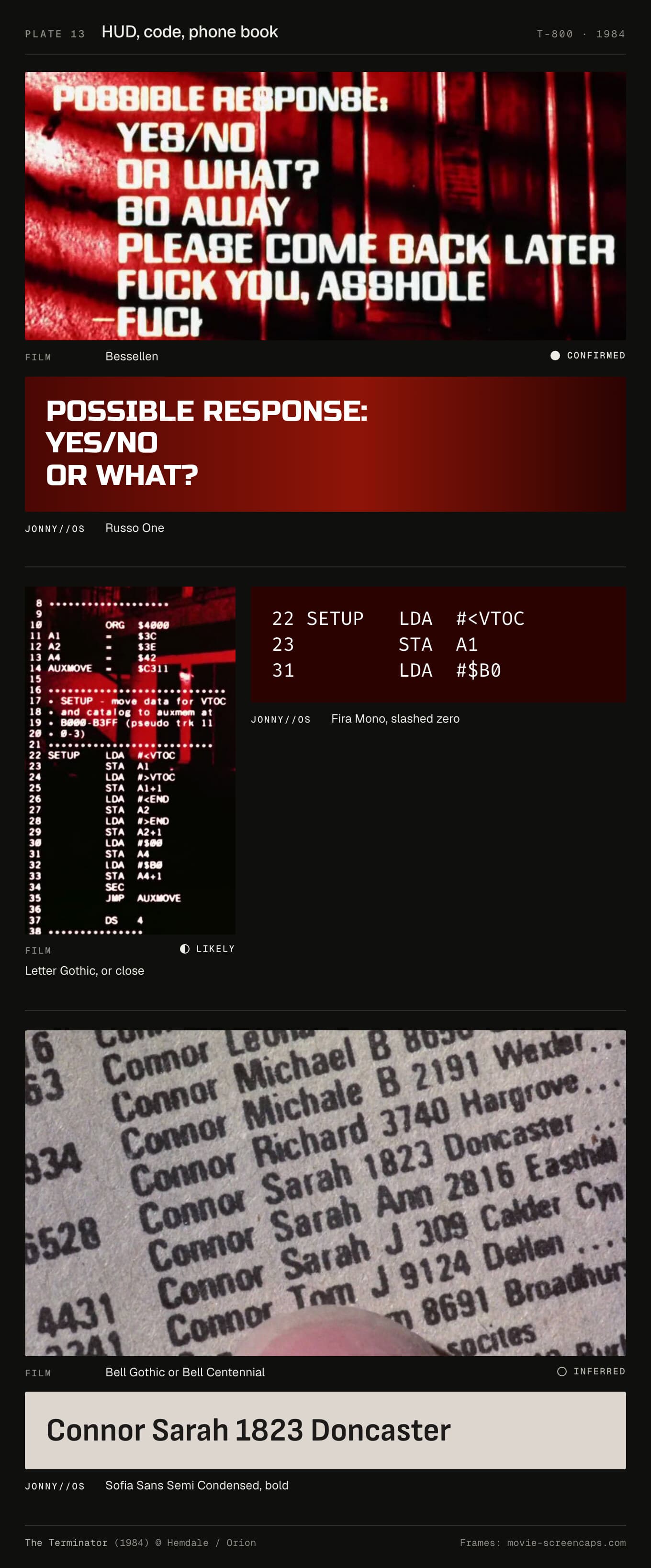 Three crops: the response list against Russo One, a code listing against Fira Mono with a slashed zero, and the phone book against Sofia Sans Semi Condensed.