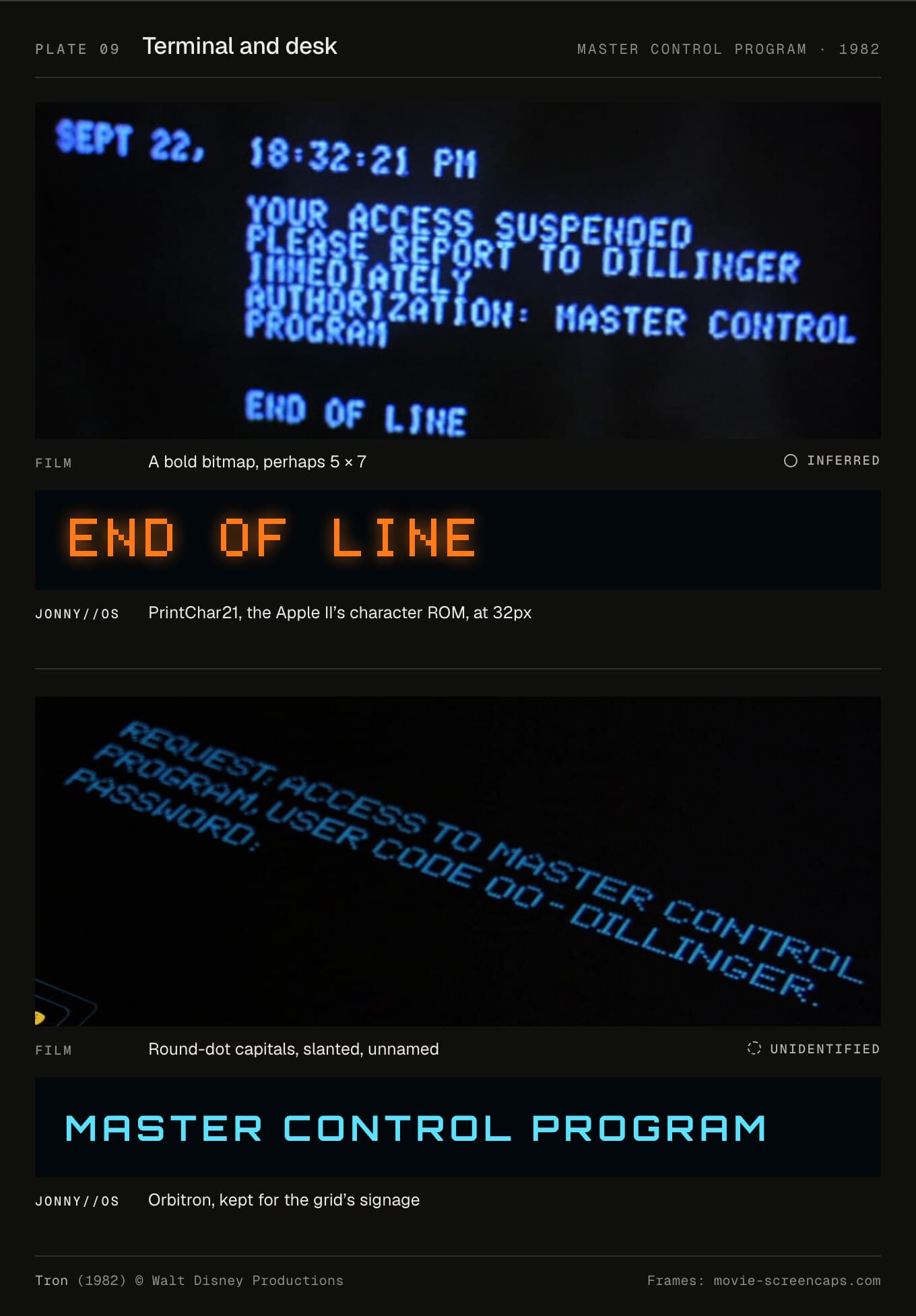 Alan's terminal text against PrintChar21, and Dillinger's round-dot desk text against Orbitron.