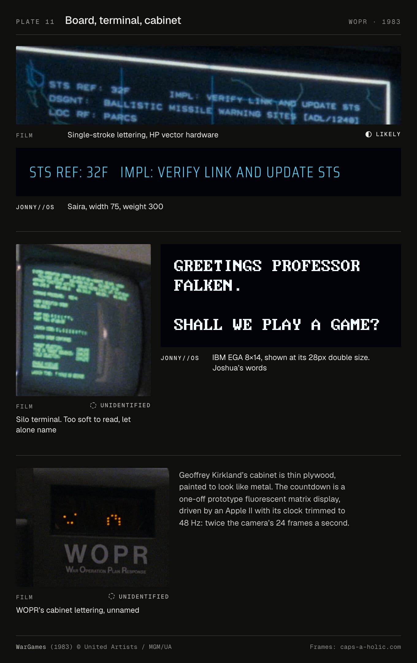 The big board's vector lettering against Saira at width 75, the silo terminal against IBM EGA 8 by 14, and the WOPR cabinet.