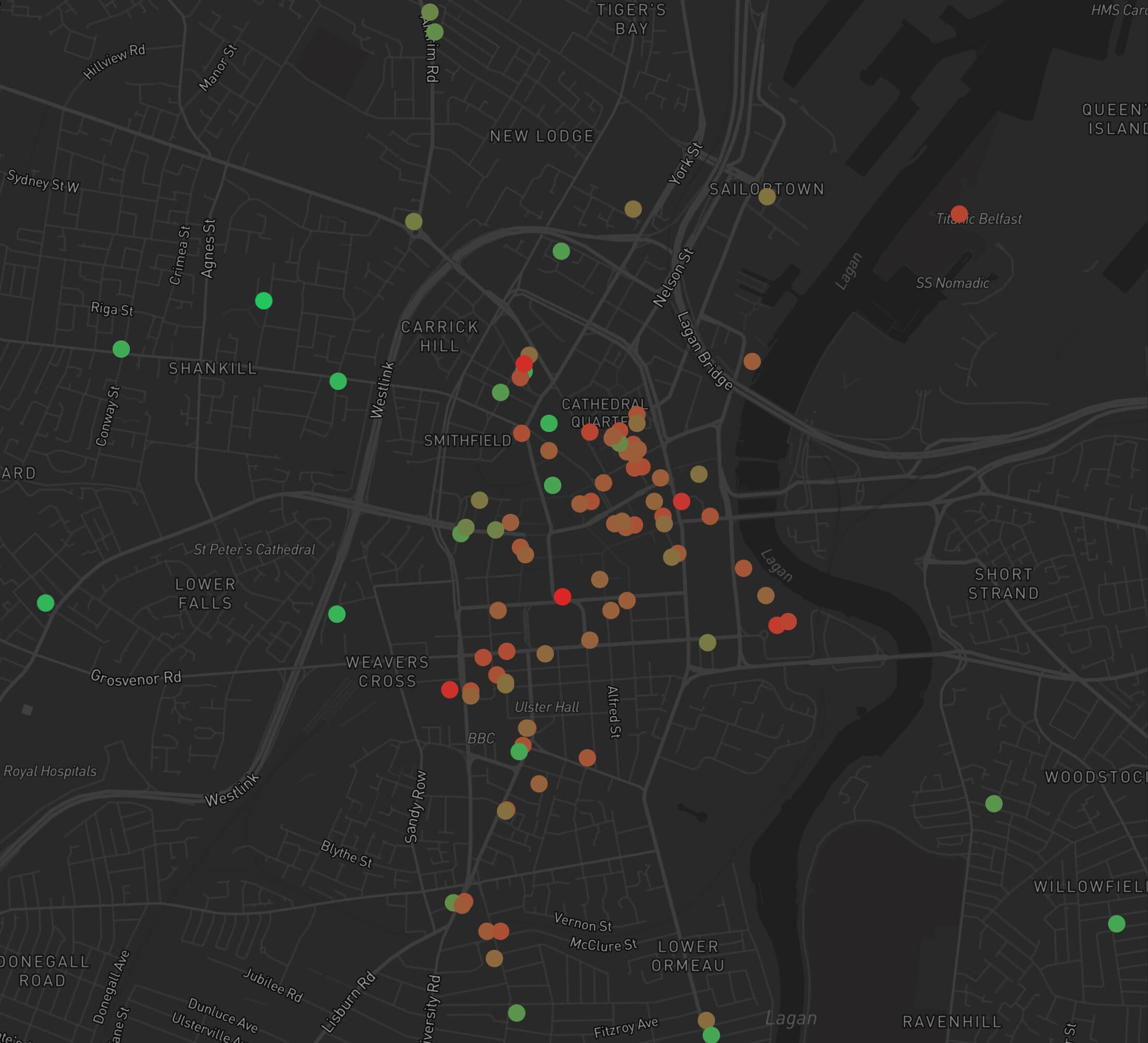 A dark map of Belfast city centre, from New Lodge down to Lower Ormeau, with about a hundred pub markers: mostly orange and red in the centre, and green further out.