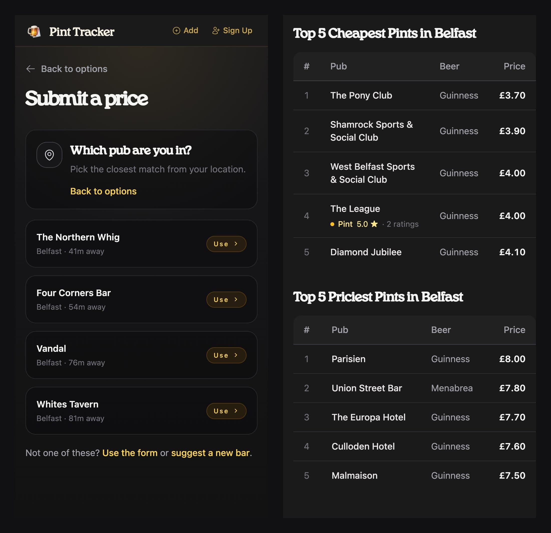 Two phone screenshots of Pint Tracker. Left: Submit a price, asking which pub you're in, with the four nearest to pick from: The Northern Whig, Four Corners Bar, Vandal and Whites Tavern. Right: the five cheapest pints in Belfast, from £3.70 at The Pony Club, and the five priciest, up to £8.00 at Parisien.