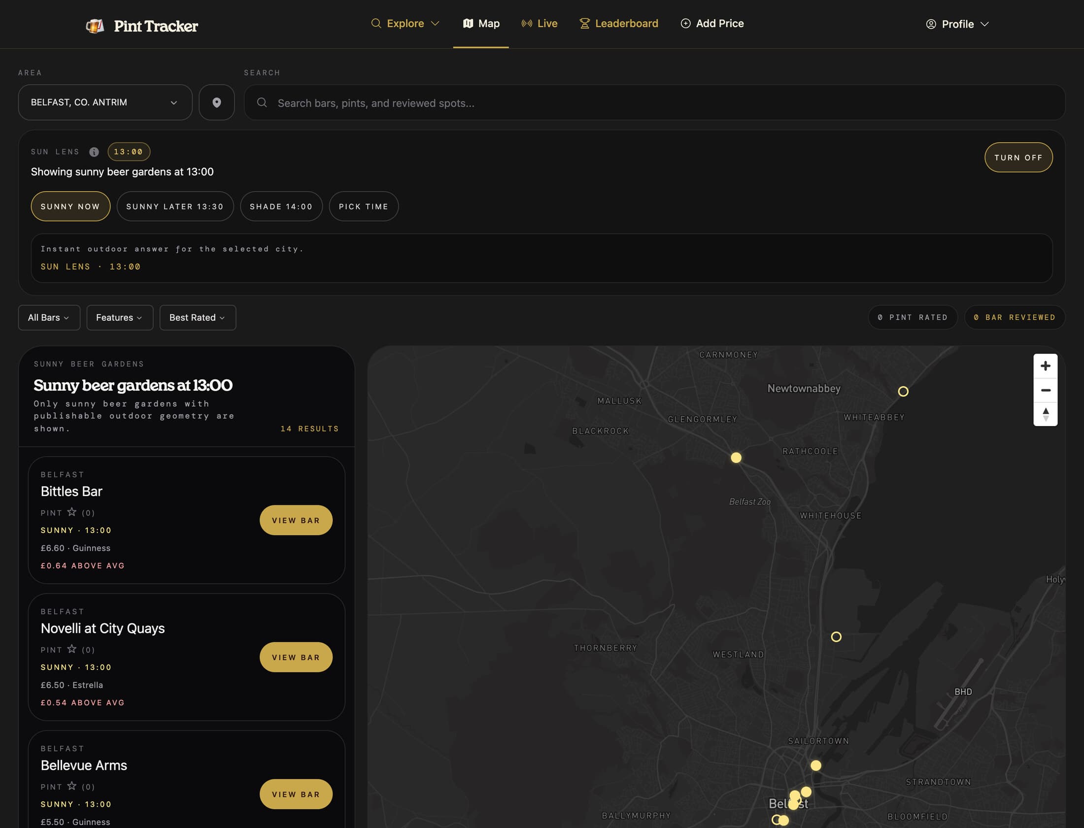 Pint Tracker's map page on a desktop with the sun lens on. The panel reads Showing sunny beer gardens at 13:00, with buttons for Sunny now, Sunny later 13:30, Shade 14:00 and Pick time. Below it is a list of 14 sunny beer gardens, starting with Bittles Bar, Novelli at City Quays and Bellevue Arms, and a dark map of north Belfast and Newtownabbey with yellow markers.