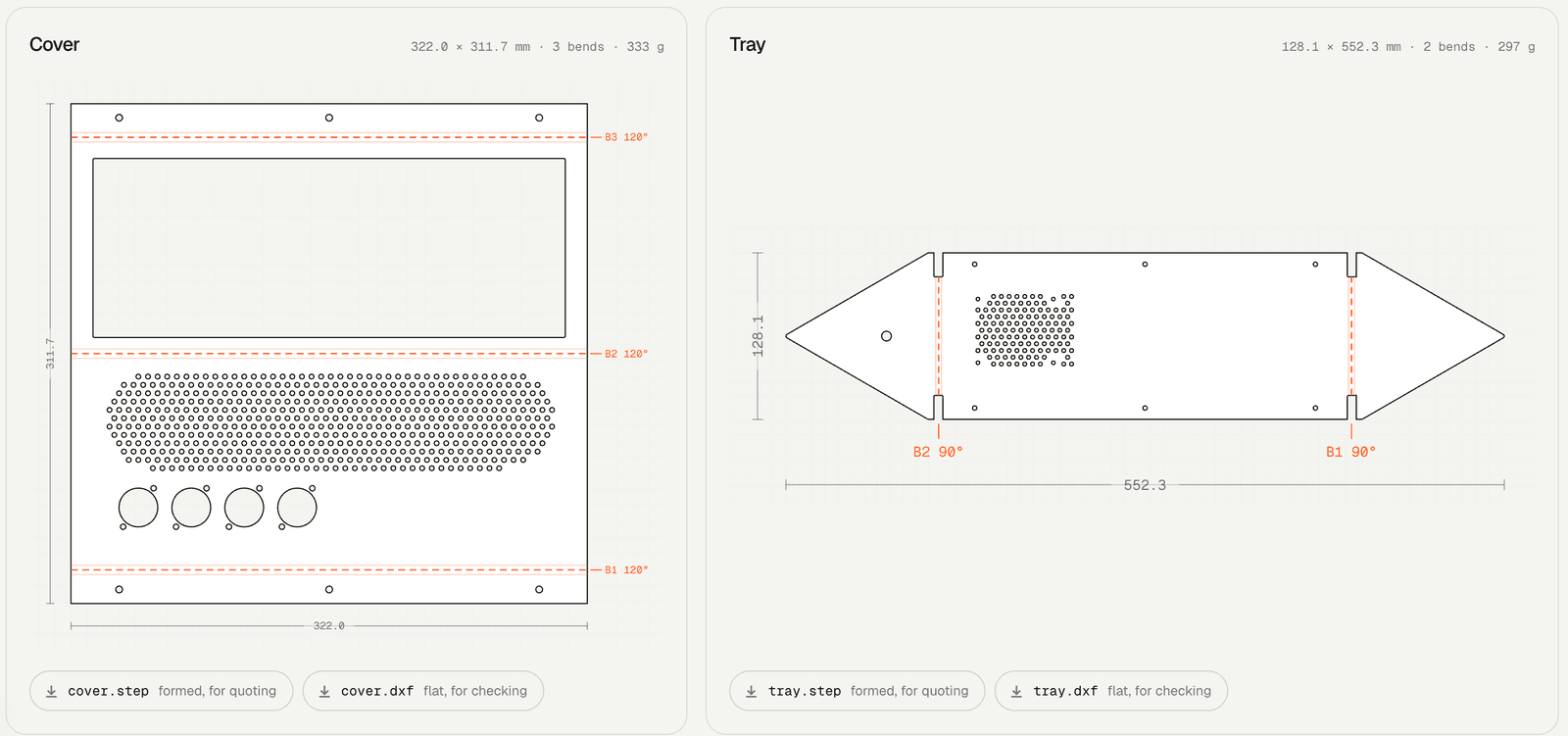 The flat patterns for the Prism: the cover as a rectangle with the screen window, a vent grid, four connector holes and three bend lines at 120°, and the tray as a long shape with triangular ends and two 90° bends.
