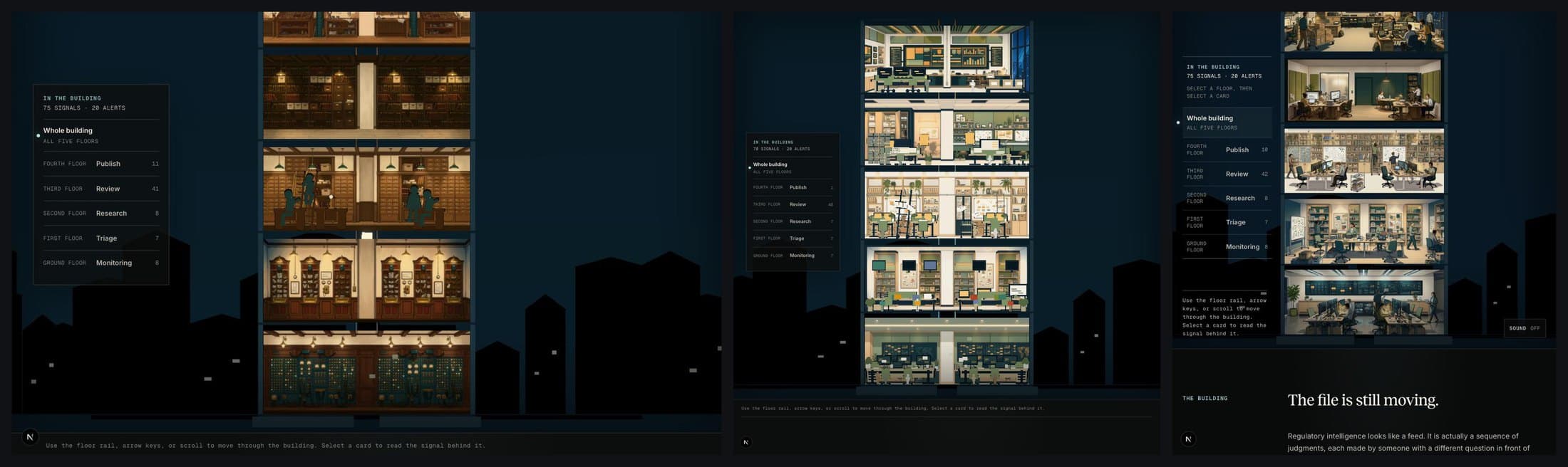 Three earlier versions of the Tower side by side: a narrow building of flat painted floors against a dark skyline, with a panel listing the five floors.