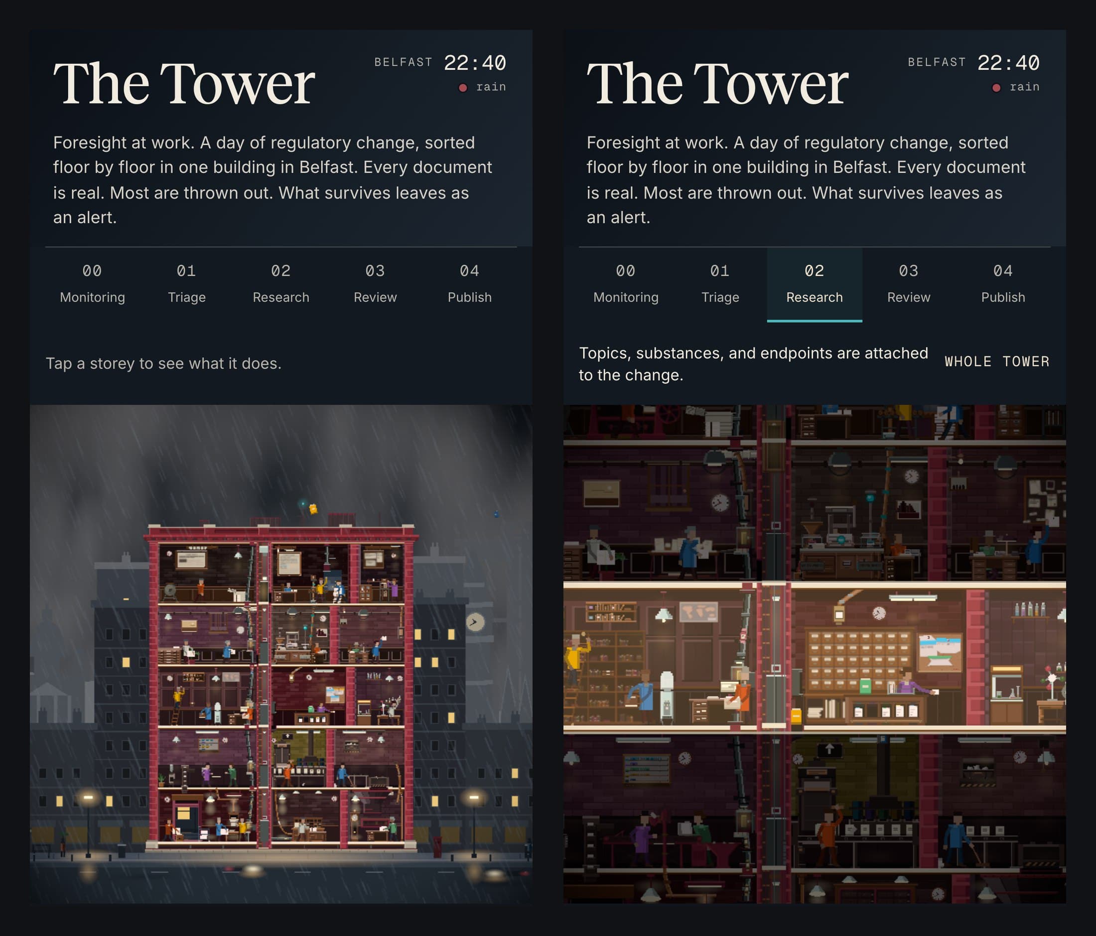 Two phone screenshots: the whole building at 22:40 in the rain, and the Research floor open in close-up.