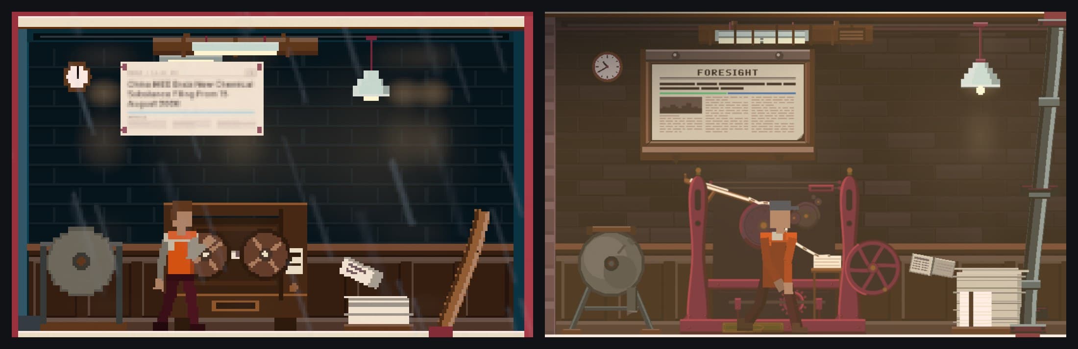 The same room twice. Left: a pixelated close-up of a worker beside a brown box with two identical wheels. Right: a red cast-iron press with rollers of different sizes, a flywheel and a stack of printed sheets.